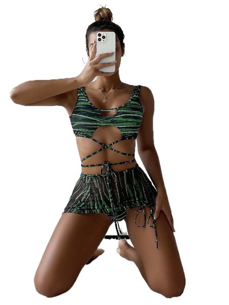 

3pack brush print lace up bikini swimsuit & beach skirt k8gd#, White;black