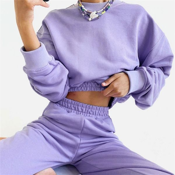 

2 pieces purple o neck bat sleeve women sets elastic crop sweatshirtpant ladies streetwear suit 2020 autumn fashion female sets, White