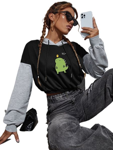 

letter & cartoon graphic colorblock drop shoulder drawstring hoodie d0df#, Black