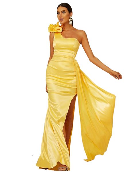 

missord ruffle trim one shoulder ruched wrap hem satin formal dress g1bc#, Black;gray
