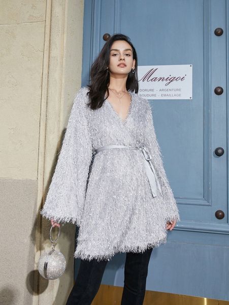 

surplice neck fuzzy belted dress l5fy#, Black;gray