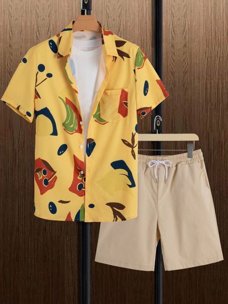 

men graphic print shirt & drawstring waist shorts without tee a43d#, Gray