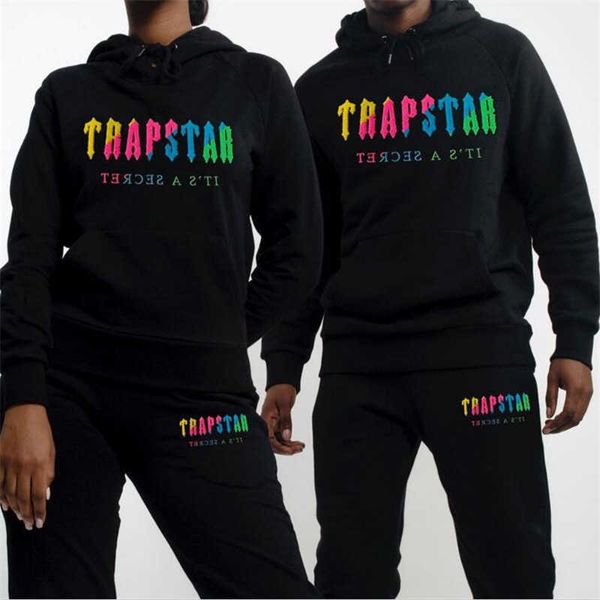 

fashion casual embroidery trapstar men women sweatshirt sweatpants 2 pieces sets new streetwear hooded tracksuit sudadera hombre, Black