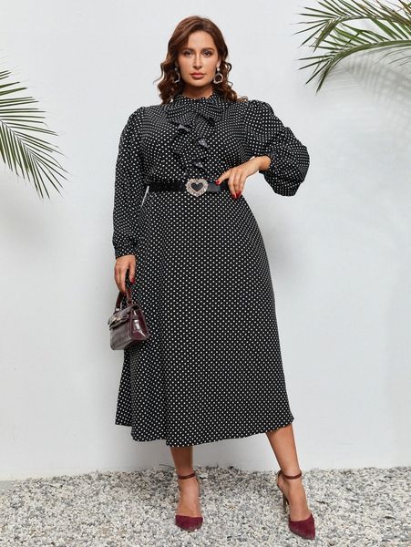 

plus polka dot ruffle trim bishop sleeve dress without belt j79t#, Black