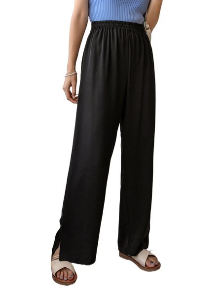 

dazy solid split hem wide leg pants t0vp#, Black;white