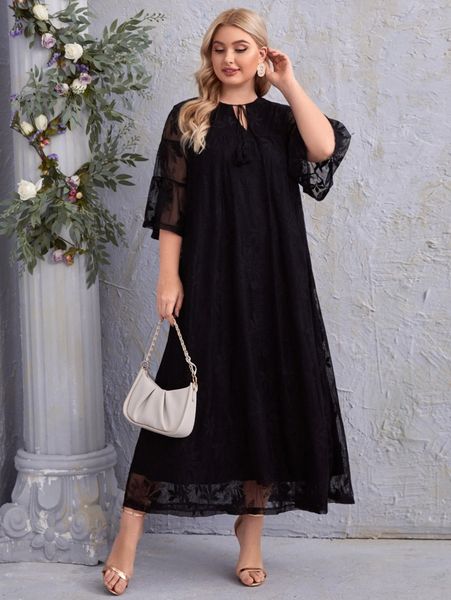 

plus fringe tie neck lace overlay dress y34n#, Black