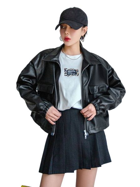 

dazy drop shoulder flap pocket pu jacket 88an#, Black;brown