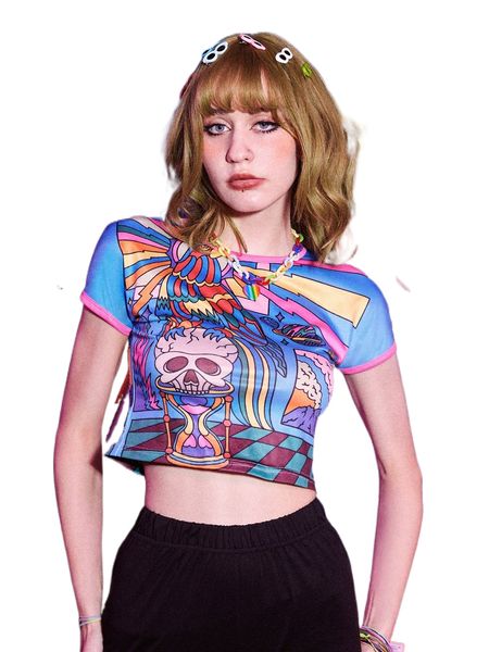 

romwe x summerbluess street life skull print crop ringer tee y7ur#, White