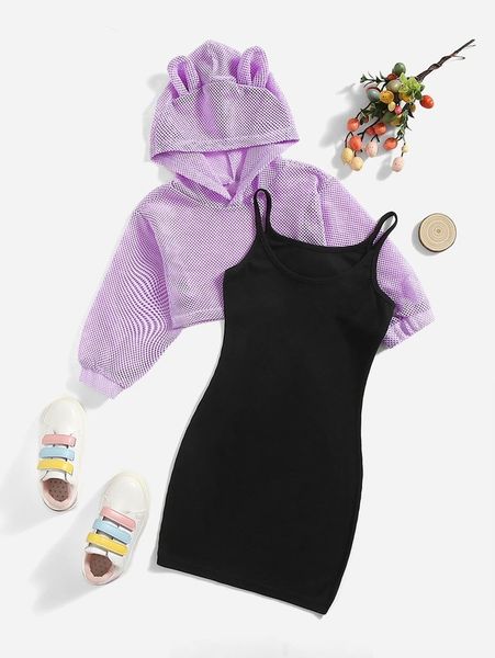 

toddler girls solid cami dress & eyelet 3d patched hoodie she, White