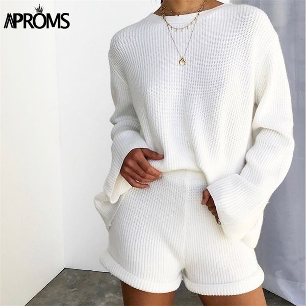 Aproms Vintage Striped İki Parçalı Set Kadınlar Sonbahar Kış Geri Dantel Yukarı Kazak Süveri ve Şort Kadın Örme Sweater Seti T200325