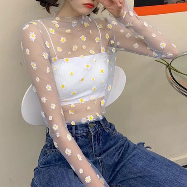 

women see through transparent mesh long sleeve sheer slim ladies turtleneck daisy t-shirts tees t shirt shirt, White