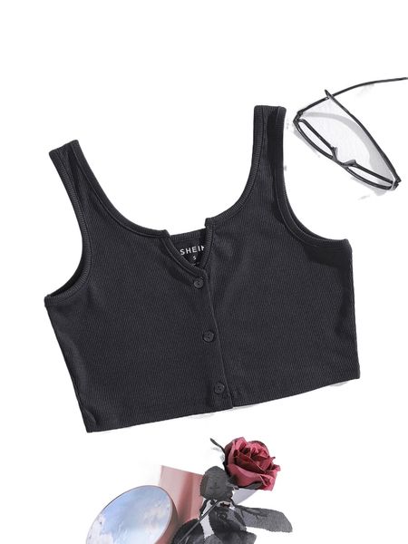 

ribbed button front crop tank w6c5#, White