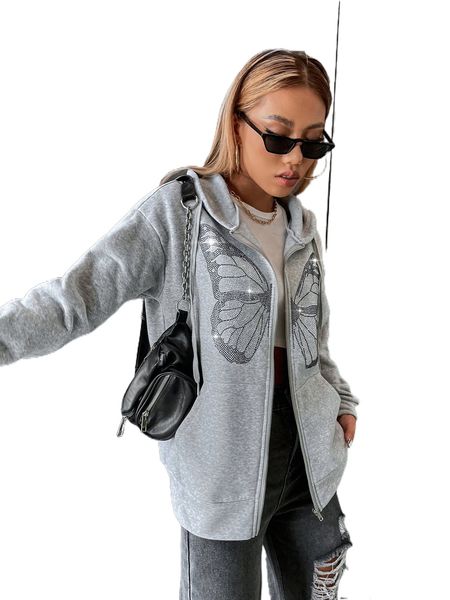 

rhinestone butterfly print drop shoulder zip up hoodie z5mz#, Black