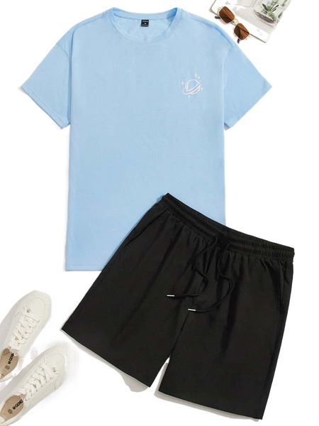 

men graphic print tee & drawstring waist shorts 22ts#, Gray