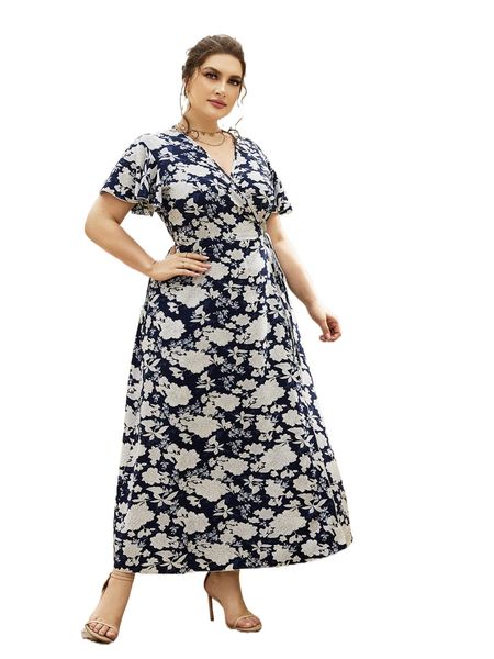 

plus allover floral print butterfly sleeve knot side dress 81bt#, Black