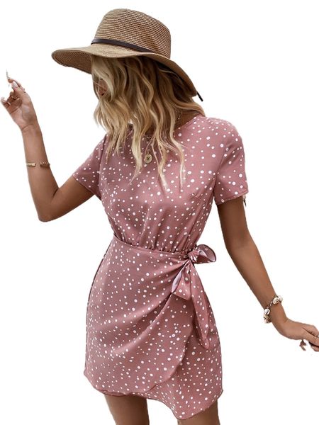 

polka dot tie side keyhole back wrap hem dress t2wz#, Black;gray