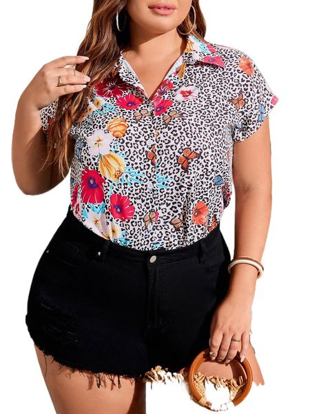 

plus leopard & floral print batwing sleeve blouse n45c#, Black