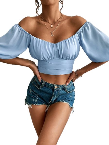 

off shoulder ruched bust tie back crop d68h#, White