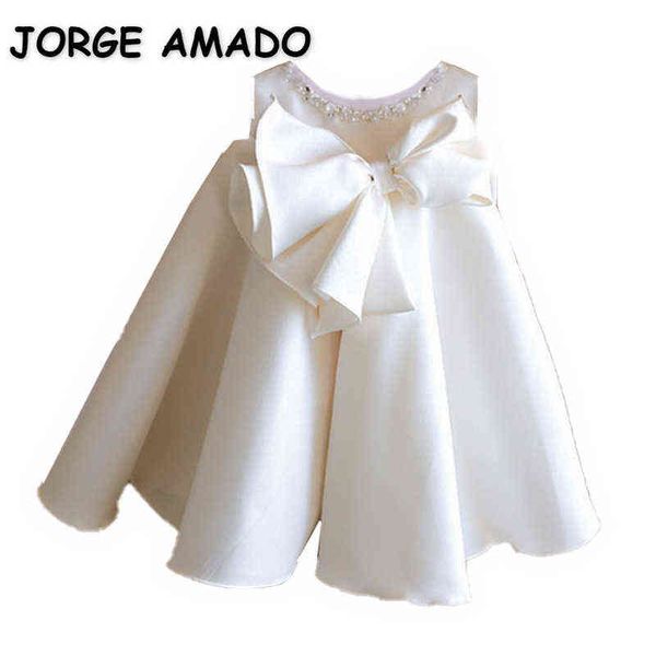 

2022 summer party dress teenager girl white sleeveless round collar knee-length pearl bow dresses piano birthday wedding e5145 y220510, Red;yellow