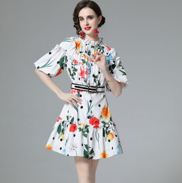 

women's runway dress ruffled collar lantern sleeves printed ruffles high street fashion short dresses vestidos, Black