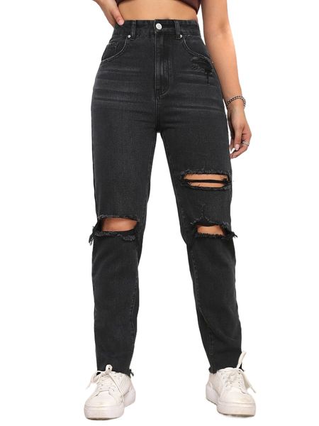 

high waist ripped raw hem jeans m6d6#, Blue