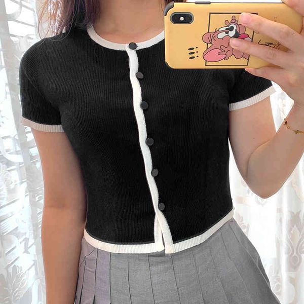 

women's polos black white edge contrast color open neck casual slim fit fashion short sleeve round cardigan women's blouse sweater