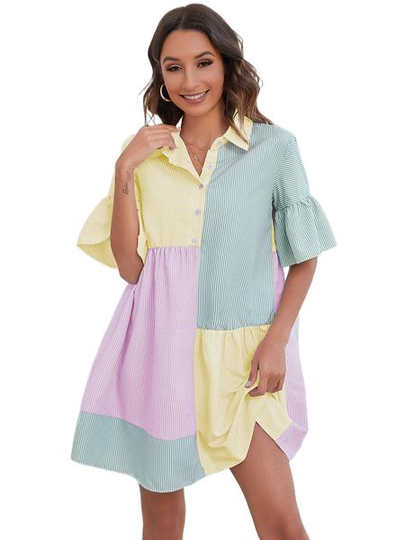 

striped & colorblock bell sleeve dress e9m3#, Black;gray