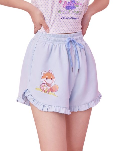 

romwe x cremechii cartoon graphic frill drawstring shorts l57h#, White;black