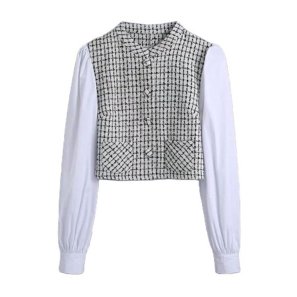 

women's blouses & shirts bbwm women vintage tweed plaid patchwork short smock blouse office lady puff sleeve pockets chic blusas, White