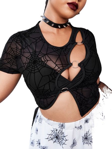 

plus spiderweb pattern cut out o-ring detail mesh without bra 733w#, Black