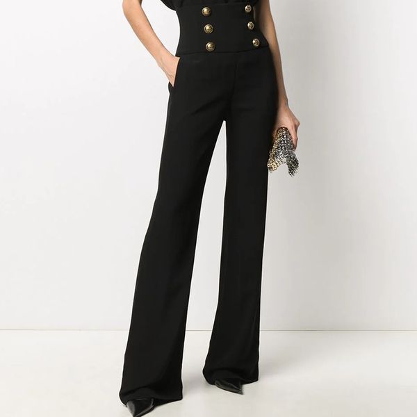 

k041 luxury european fashion tide breasted high waist wide-legged trousers personality summer for female high street floor-length trousers, Black;white