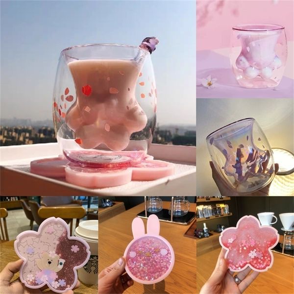 

cute sakura cat paw claw cup floral cherry double layer glass coffee milk mug cartoon transparent kawaii gift 220504