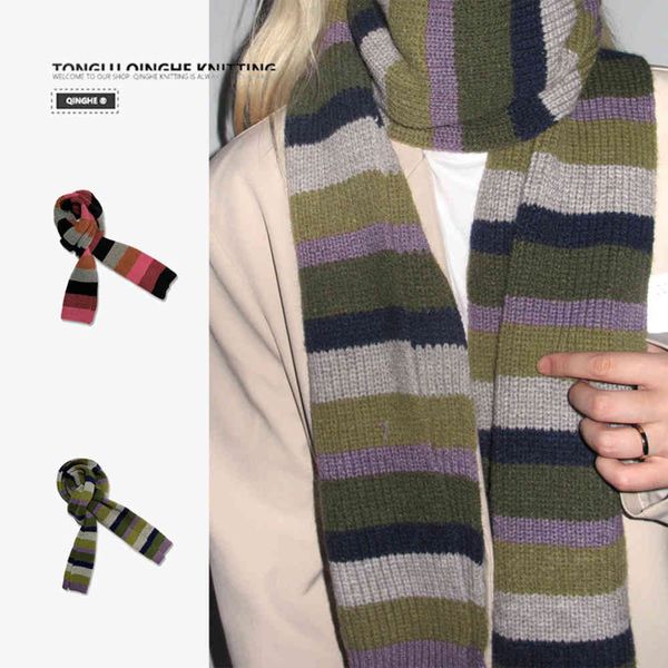 

ins stitched stripe knitted scarf female autumn and winter student warm wool scarf bib, Blue;gray