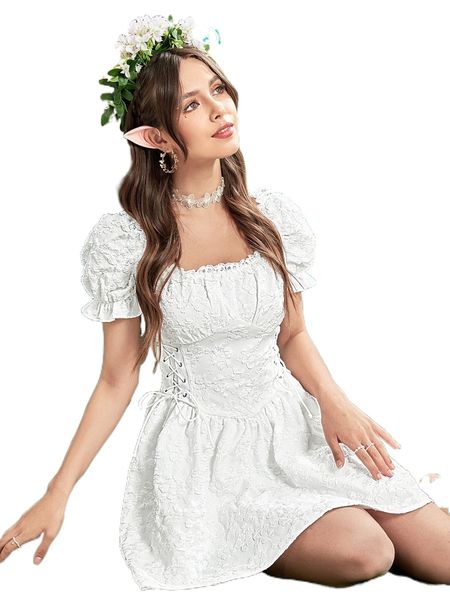 

puff sleeve ruched bust lace up jacquard dress m0dy#, Black;gray
