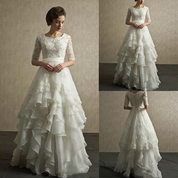 

vintage half sleeves wedding dresses scoop neck appliqued beaded tiered organza floor length country beach wedding gowns lace, White