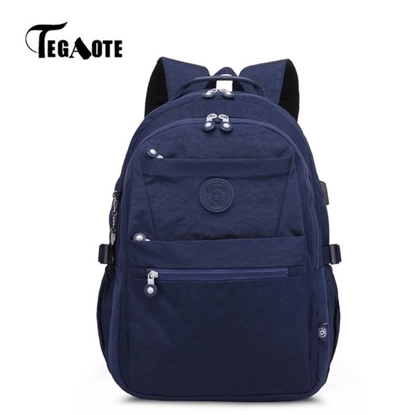 TEGAOOT de mochilas escolares de grande capacidade para meninas adolescentes estudantes USB Bag Korea Nylon Travel Bagpack Kid Black LJ201225