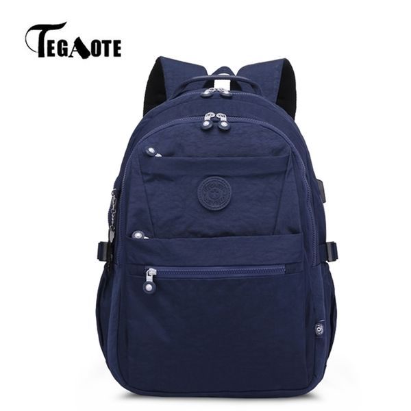 TEGAOTE Große Kapazität Schule Rucksäcke für Teenager Mädchen Student USB Lade Tasche Korea Nylon Reise Bagpack Kid Schwarz LJ201225