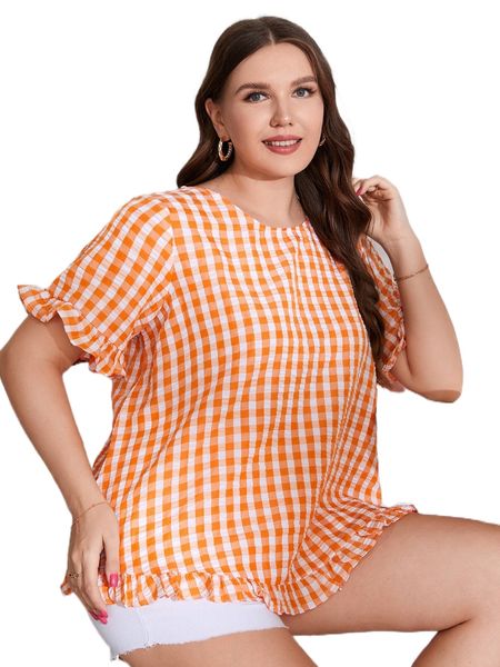 

plus gingham frill flounce sleeve blouse a55h#, Black