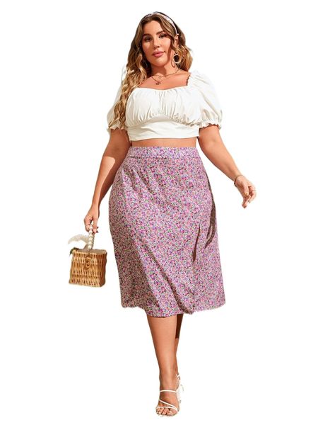 

plus ditsy floral split thigh skirt 99sa#, Black