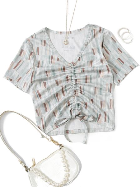 

allover print drawstring front tee 28ep#, White