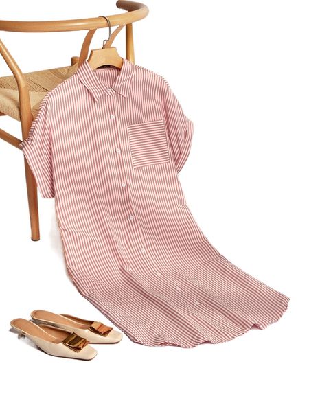 

striped print curved hem pocket patched dress e4my#, Black;gray