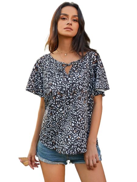 

allover print butterfly sleeve tie neck blouse v3rd#, White