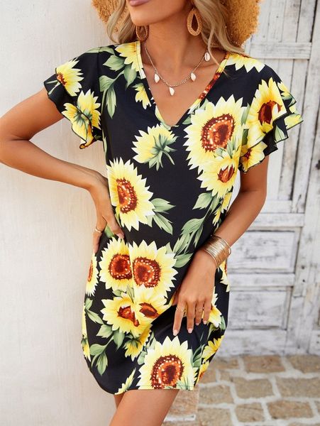 

sunflower print layered sleeve tunic dress m98v#, Black;gray