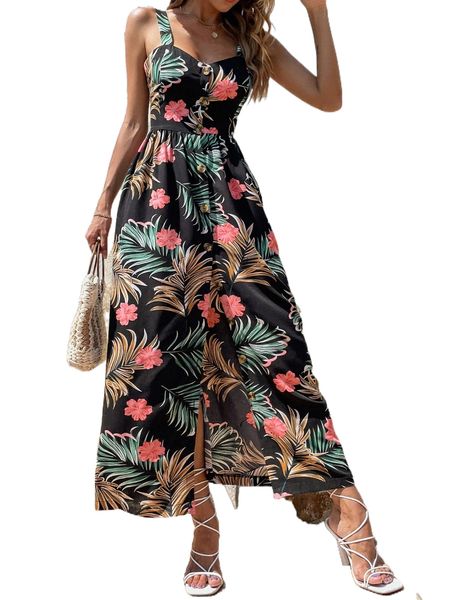 

tropical print button front cami dress c6na#, Black;gray