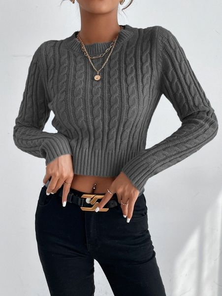 

solid cable knit crop sweater v2lq#, White;black