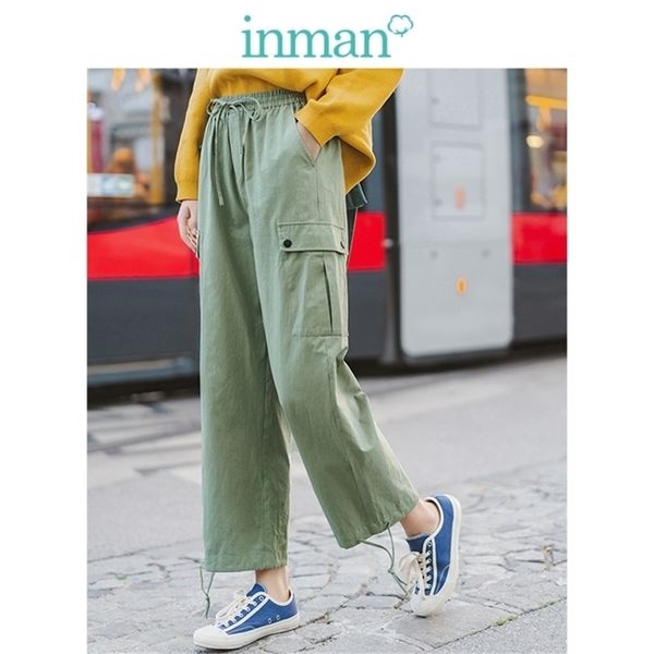 

inman spring autumn 100%cotton solid elastic waist pocket fashion cargo pants lj201130, Black;white