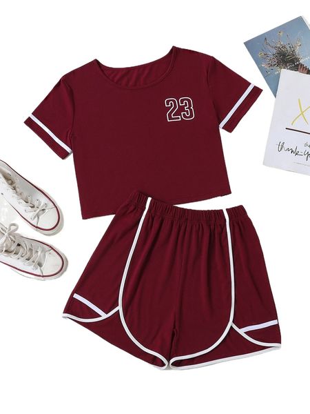 

number print striped trim crop tee & shorts s1hh#, White