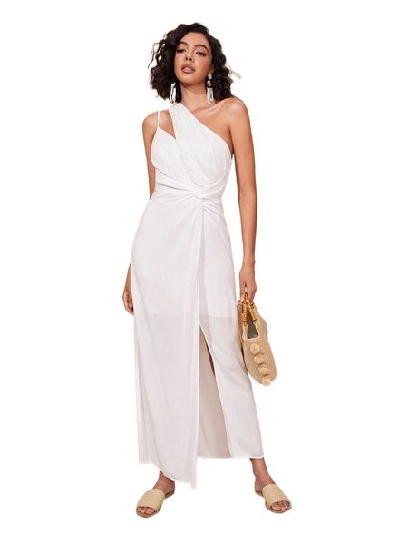 

cut out one shoulder twist front wrap hem dress f21i#, Black;gray