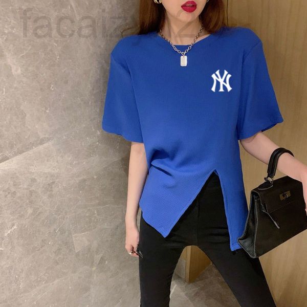 

women's t-shirt designer [polyester fiber 1]design sense niche summer loose and chic split bottomed shirt blue short sleeved t-shirt 2h, White