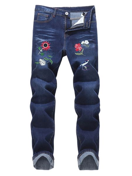 

romwe guys floral embroidery jeans c4tx#, Blue